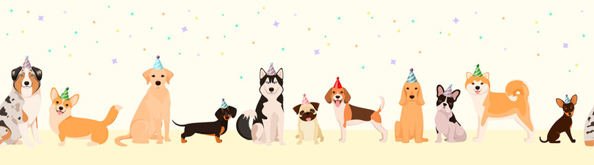 Seamless border with festive dogs. Cartoon design. Vector illustration.
