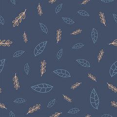 Cute floral seamless pattern with navy color in doodles hand drawn style. Trendy small flower and leaves vector background for feminine print, textile, fashion, wallpaper, wrap gift, fabric