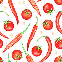 Seamless pattern of tomatoes and hot pepper. Watercolor illustration. Isolated on a white background