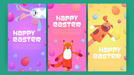 Happy Easter banners with eggs and cute puppets. Vector vertical posters of spring holiday celebration with cartoon illustration of funny bunny, dog and fox toys on hands and colorful eggs