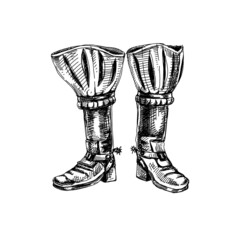 Old over the knee boots with spur, hand drawn black and white vector illustration. - obrazy, fototapety, plakaty