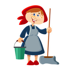Cleaner in work clothes with a bucket and a mop. Cartoon vector illustration