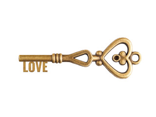 Bronze vintage antique keys with word Love and heart shape isolated on white background