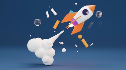 Rocket icon on blue background. 3D-rendering