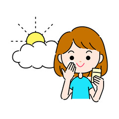 曇りの日でも日焼け止めを塗るシンプルな女性のイラスト