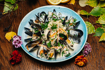 Cooked mussels in cream sauce appetizer for wine. Sea products