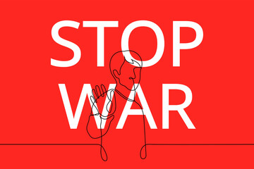 stop the war banner - one line drawing vector. The man put his hand out in front of him. concept of anti war horizontal poster, illustration for peace