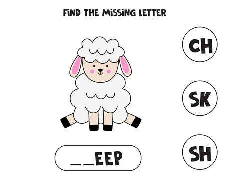 Find missing letter with cute Easter sheep. Spelling worksheet.