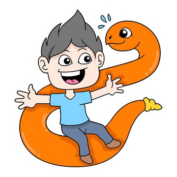 happy faced kid playing with pet python, doodle icon image kawaii