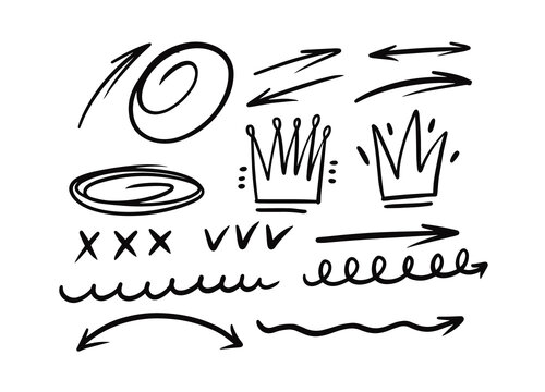 Arrow black color set collection. Hand drawn scketch style.