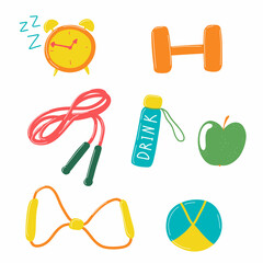 Sports Equipment. Healthy lifestyle. Proper nutrition, sleep schedule, dumbbells, jump rope, expander, drinking regimen, water, bottle. Vector illustration isolated on white background.