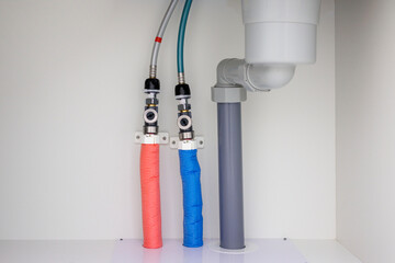 Image of red and blue water pipes under the sink