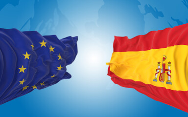 European Union and Spanish Flags are Paired Together and Standing Side by Side