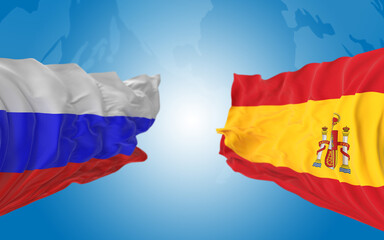 Russian and Spanish Flags are Paired Together and Standing Side by Side