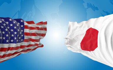 American and Japanese Flags are Paired Together and Standing Side by Side