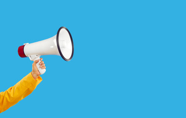 Woman yelling through megaphone. Young lady with amplified voice sharing important information....