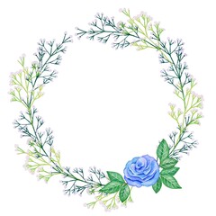青系　水彩の薔薇とかすみ草のリース・フレームセット　ラスター素材