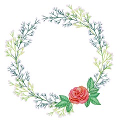赤系　水彩の薔薇とかすみ草のリース・フレームセット　ラスター素材
