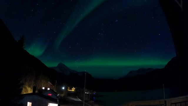 Northern lights (Aurora Borealis) in Scandinavia, filmed inside Sigerfjord, Timelapse,