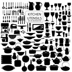 Fototapeta na wymiar Silhouettes of kitchen utensils. Set of utensils in black and white.