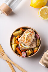 Vegan Plant based fish, fishless fillets with roasted vegetables