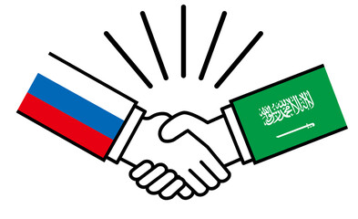 ロシアとサウジアラビア、国旗がついた手が握手　国家間の戦争紛争　同盟、和解、合意のイメージイラスト