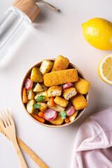 Vegan Plant based fish, fishless fingers with roasted vegetables