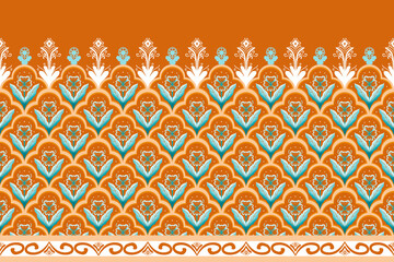 Blue Flower on Orange Brown Geometric ethnic oriental pattern traditional Design for background,carpet,wallpaper,clothing,wrapping,Batik,fabric, illustration embroidery style - 490462504