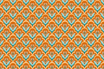 Blue Flower on Orange Brown Geometric ethnic oriental pattern traditional Design for background,carpet,wallpaper,clothing,wrapping,Batik,fabric, illustration embroidery style - 490462505