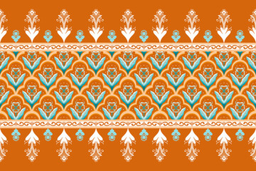 Blue Flower on Orange Brown Geometric ethnic oriental pattern traditional Design for background,carpet,wallpaper,clothing,wrapping,Batik,fabric, illustration embroidery style - 490462510