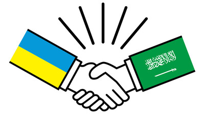 ウクライナとサウジアラビア、国旗がついた手が握手　国家間の戦争紛争　同盟、和解、合意のイメージイラスト