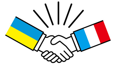 ウクライナとフランス、国旗がついた手が握手　国家間の戦争紛争　同盟、和解、合意のイメージイラスト