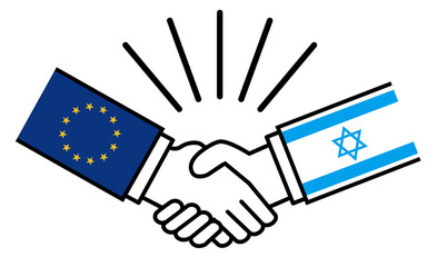 ユーロとイスラエル、国旗がついた手が握手　国家間の戦争紛争　同盟、和解、合意のイメージイラスト