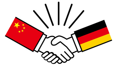 中国とドイツ、国旗がついた手が握手　国家間の戦争紛争　同盟、和解、合意のイメージイラスト