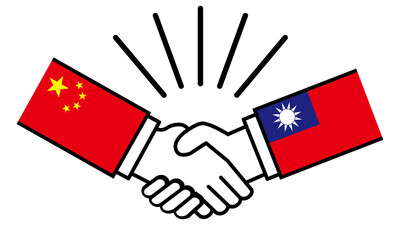 中国と台湾、国旗がついた手が握手　国家間の戦争紛争　同盟、和解、合意のイメージイラスト