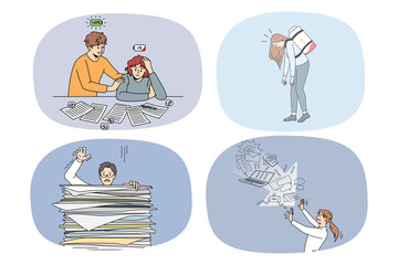 Set of unhappy tired employees suffer from fatigue or burnout overwhelmed with job tasks. Collection of exhausted businesspeople struggle with workload. Overwork. Vector illustration. 