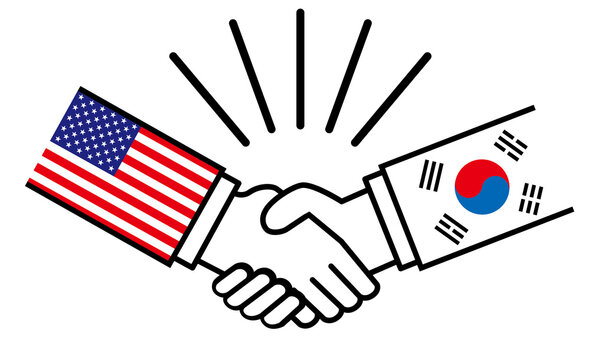アメリカと韓国 国旗がついた手が握手 国家間の戦争紛争 同盟 和解 合意のイメージイラスト Stock Vector Adobe Stock