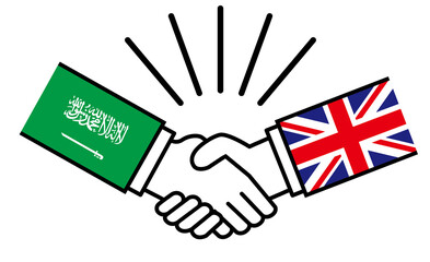 Obraz premium サウジアラビアとイギリス、国旗がついた手が握手 国家間の戦争紛争 同盟、和解、合意のイメージイラスト