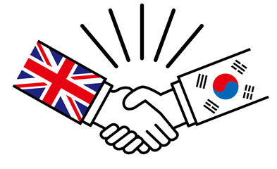 Obraz premium イギリスと韓国、国旗がついた手が握手 国家間の戦争紛争 同盟、和解、合意のイメージイラスト