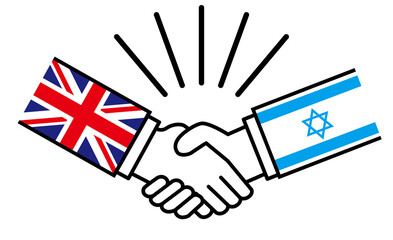 イギリスとイスラエル、国旗がついた手が握手　国家間の戦争紛争　同盟、和解、合意のイメージイラスト