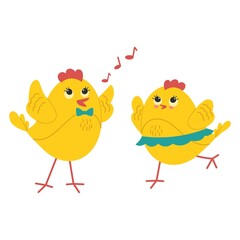 Two cute yellow chicks romantic couple. Vector illustration.