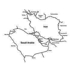 Middle East Outline Map with Saudi Arab vs Iran Conflict. Editable Vector EPS Symbol Illustration.