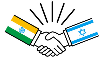 インドとイスラエル、国旗がついた手が握手　国家間の戦争紛争　同盟、和解、合意のイメージイラスト