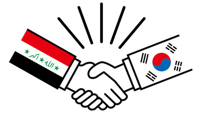 いらと韓国、国旗がついた手が握手　国家間の戦争紛争　同盟、和解、合意のイメージイラスト