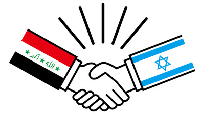 イラクとイスラエル、国旗がついた手が握手　国家間の戦争紛争　同盟、和解、合意のイメージイラスト