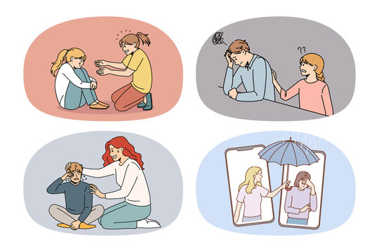 Set of unhappy depressed people cry distress receive support from friends. Collection of upset humans get help from relatives. Psychological problems and counseling. Vector illustration. 
