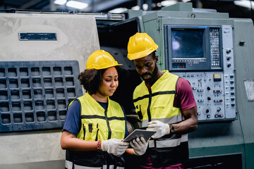 Industrial workers or Technicians using a digital tablet and discussing workshops mechanical maintenance in a factory, Working together, Coordination and Teamwork Concept.