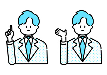 意見を提案・指し示すビジネスマンのイラスト素材セット（青）　Illustration material set of a businessman who proposes and points to an opinion (blue)