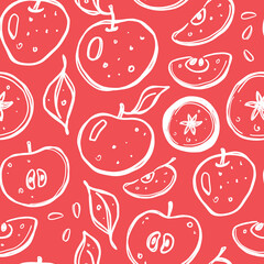 Seamless pattern with apples. Whole, half, sliced, bitten. Hand drawn vector illustration for wrapping paper, decorative fabric, print, wallpaper, shop, menu, market, cafe, restaurant