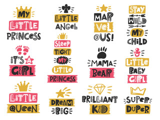 Baby boy colored hand drawn lettering set